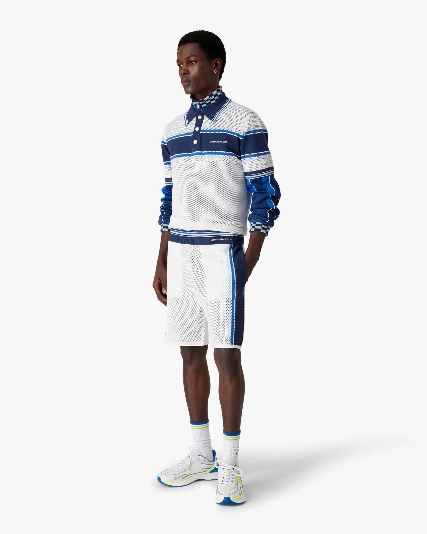 White & Blue Striped Mesh Track Shorts