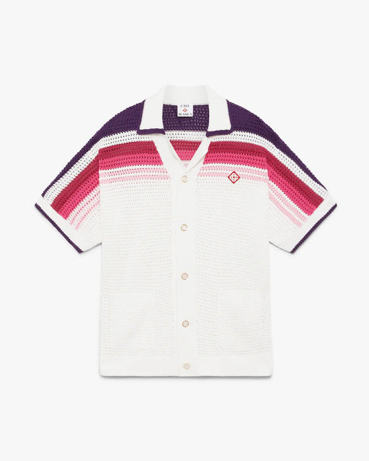 White & Pink Stripe Short Sleeve Crochet Shirt
