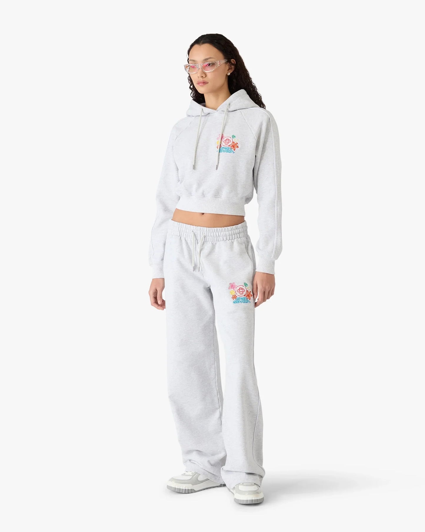 Grey Embroidered Cropped Hooded Sweatshirt